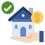 Icon of a hand holding a house with a dollar sign and a green check mark, representing approved home financing or mortgage, perfect for homeowners seeking trustworthy roofing contractors in Erie, PA.