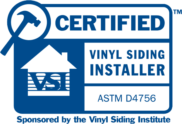 Certified Vinyl Siding Installer badge sponsored by the Vinyl Siding Institute, displaying ASTM D4756 compliance.