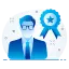 A blue-toned illustration of a person wearing glasses and a suit next to a ribbon with a star symbol, indicating achievement or certification, reminiscent of the recognition earned by top roofing contractors in Erie, PA.